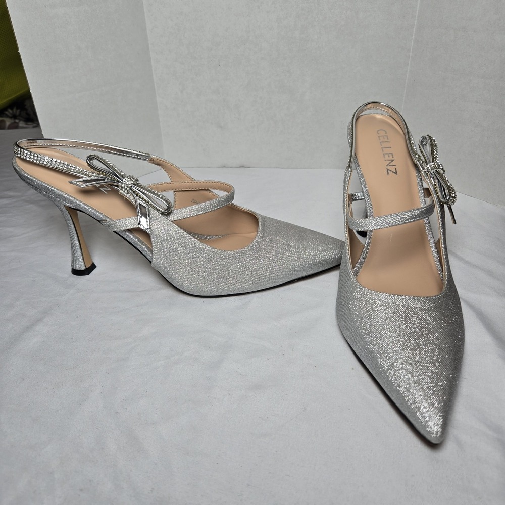 Cellenz Silver Rhinestone Slingback Heels 9 Bow Weddings Special Occasion Party